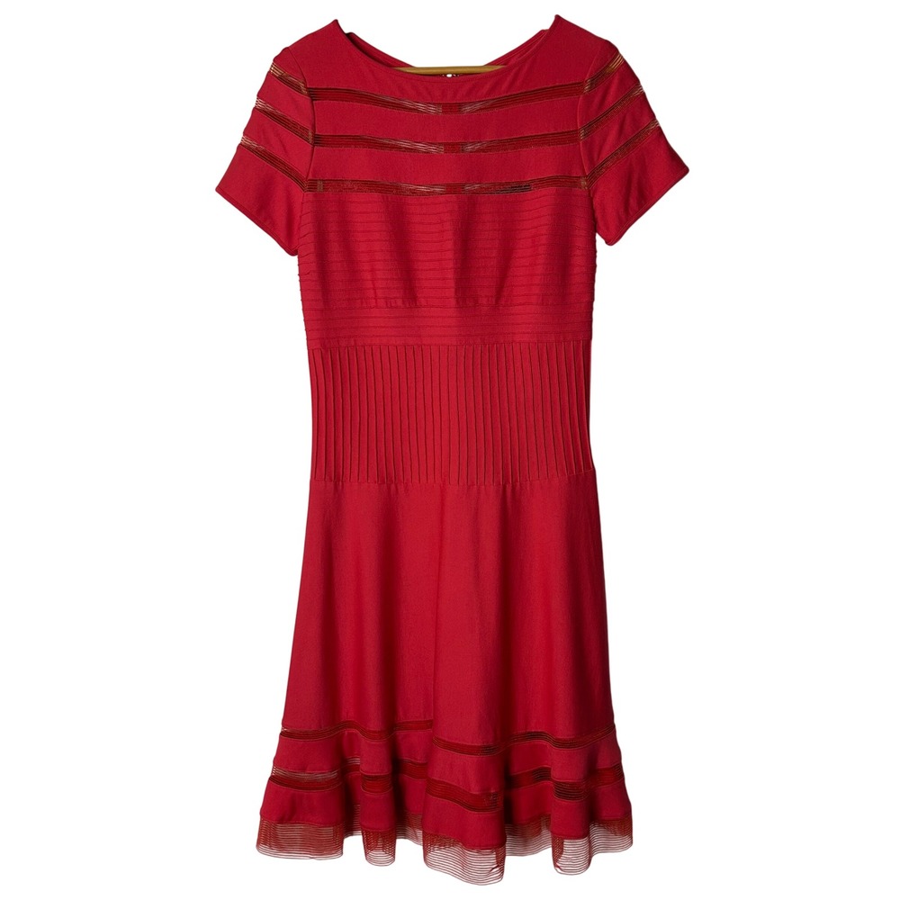 Tadashi Shoji‎ Dress Size M Short Sleeve Coral Ribbed Knit Fit & Flare Mesh